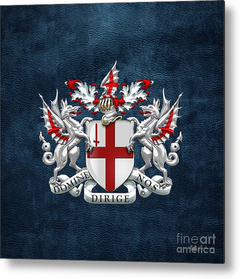 'cities Of The World' Collection By Serge Averbukh Metal Print featuring the digital art City of London - Coat of Arms over Blue Leather by Serge Averbukh
