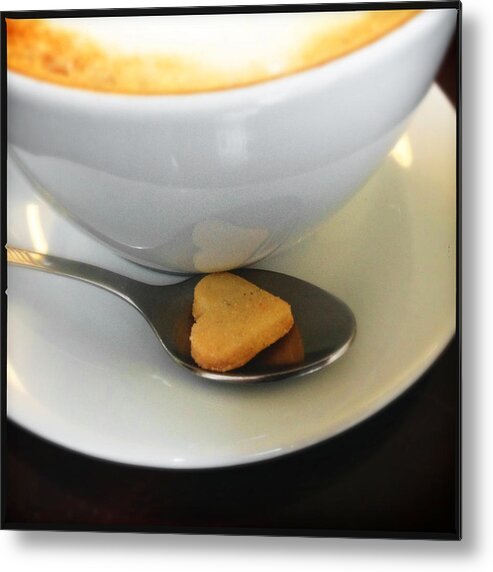 Heart Metal Print featuring the photograph Coffee and heart shaped cookie by Matthias Hauser