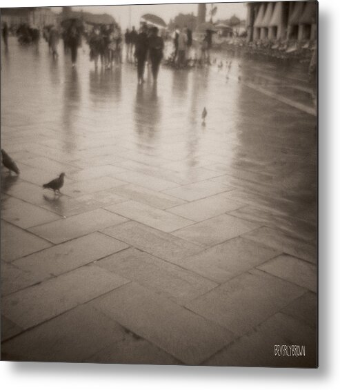 Sepia Metal Print featuring the photograph Couple Walking in the Rain San Marco by Beverly Brown