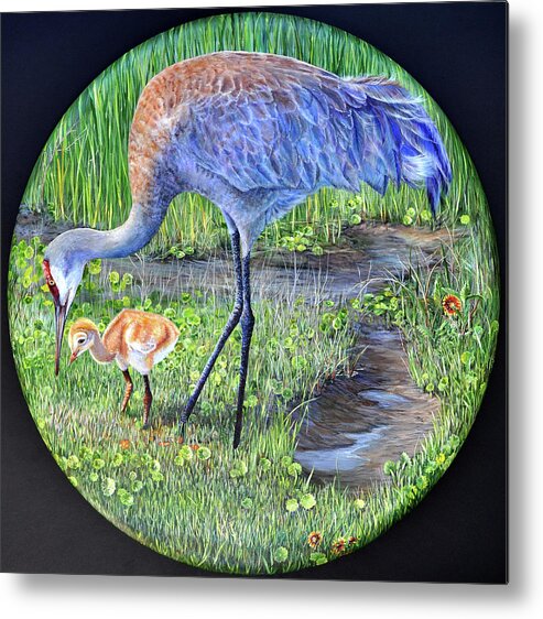 Sandhill Crane Metal Print featuring the painting Crane Circle by AnnaJo Vahle