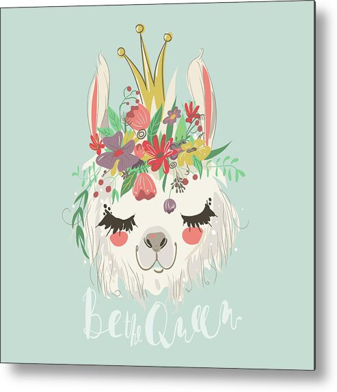 Crown Metal Print featuring the digital art Cute Hand Drawn Llama With Flowers by Anna Babich