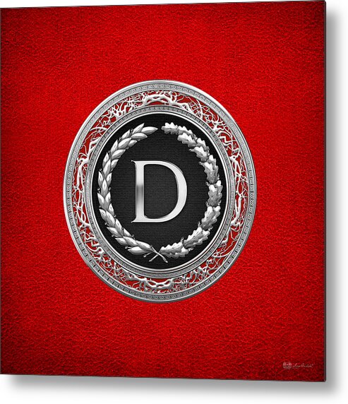 C7 Vintage Monograms 3d Metal Print featuring the digital art D - Silver Vintage Monogram on Red Leather by Serge Averbukh