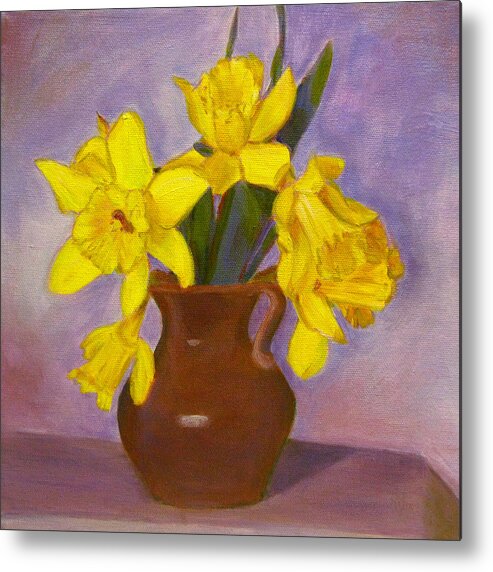 Daffodils Metal Print featuring the painting Yellow Daffodils on Purple by Robie Benve