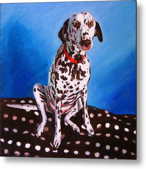 Dalmatian Metal Print featuring the painting Dalmatian on spotty cushion by Helen White