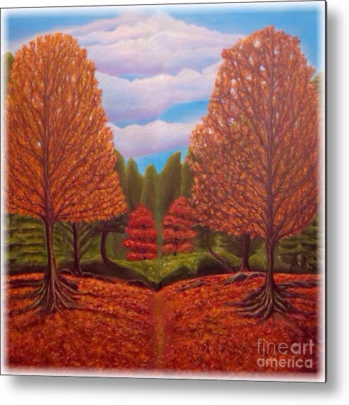 Autumn Painting Fall Painting Impressionistic Painting Spiritual Message Golden Blood Orange Hand Crimson Colored Leaves On The Trees Glimpses Of Evergreen Trees In The Background And Blue Skies Mirror Image Of Each Other Although Not Exact Bright Blue Skies Overhead With Light Wispy Clouds Brightly Colored Leaves On The Trees And On Many Fallen To The Ground Older Trees With Some Feeder Tree Roots Visible With Lichens And Moss Covering Them Acrylic Painting Metal Print featuring the painting Dance of Autumn Gold with Blue Skies Revised by Kimberlee Baxter