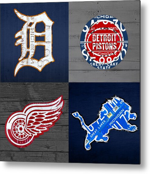 Detroit Metal Print featuring the mixed media Detroit Sports Fan Recycled Vintage Michigan License Plate Art Tigers Pistons Red Wings Lions by Design Turnpike