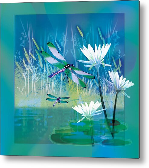  Dragonflies On Blue Pond With Water Lilies Art Print Metal Print featuring the painting Dragonfleis on blue pond by Regina Femrite