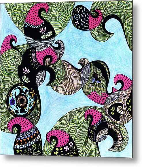 Elephant Metal Print featuring the drawing Elephant lotus and bird design by Mukta Gupta