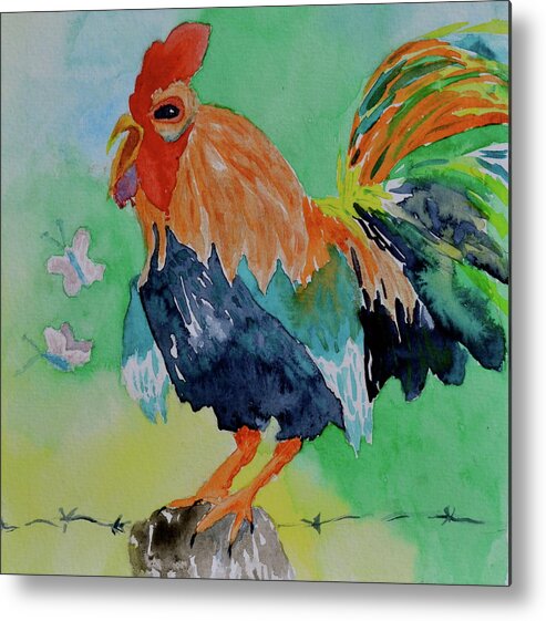 Rooster Metal Print featuring the painting First of Day by Beverley Harper Tinsley