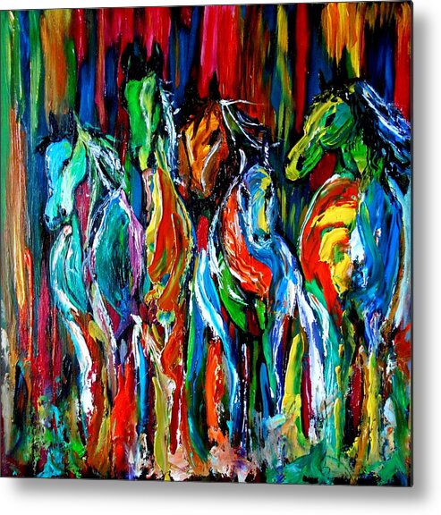 Animals Metal Print featuring the painting Five Horses by Maris Sherwood
