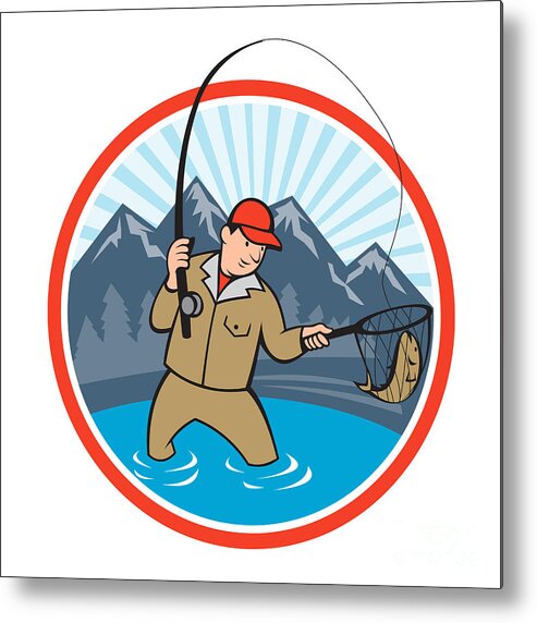 Trout Metal Print featuring the digital art Fly Fisherman Catching Trout Fish Cartoon by Aloysius Patrimonio