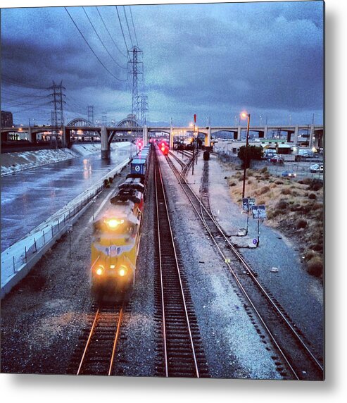 Downtown District Metal Print featuring the photograph Freight Train On Los Angeles River by Hal Bergman Photography