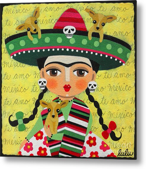 Frida Metal Print featuring the painting Frida Kahlo with Sombrero and Chihuahuas by Andree Chevrier