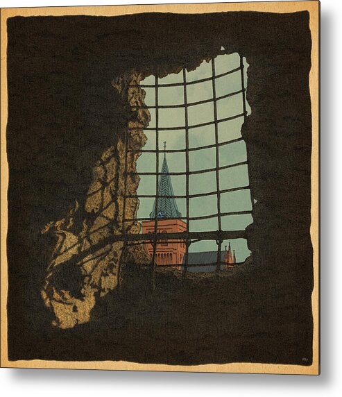 Castle Bars Cathedral Shadow Light Rock Metal Print featuring the drawing From a Castle by Meg Shearer