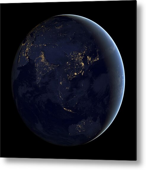 Continent Metal Print featuring the photograph Full Earth at night showing city lights of Asia and Australia. by Stocktrek Images