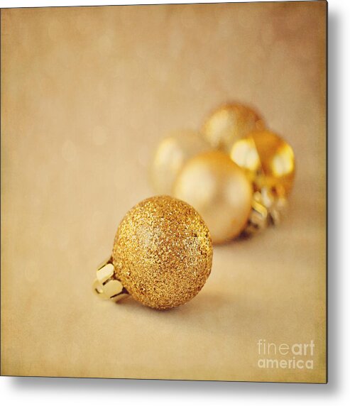Baubles Metal Print featuring the photograph Gold glittery Christmas baubles by Lyn Randle