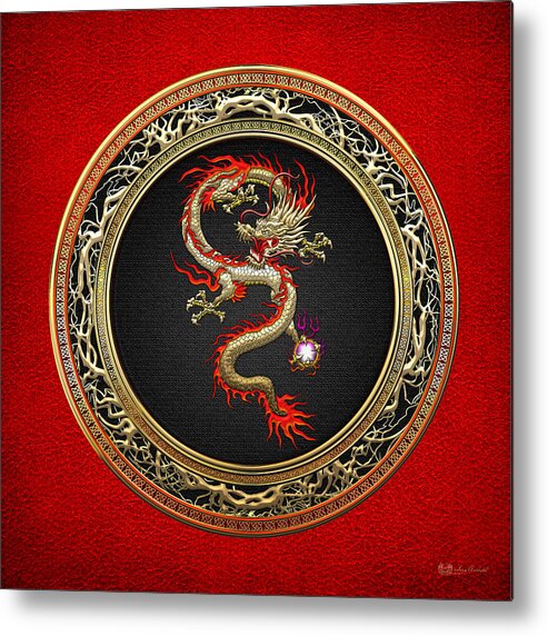 'treasure Trove' By Serge Averbukh Metal Print featuring the digital art Golden Chinese Dragon Fucanglong by Serge Averbukh