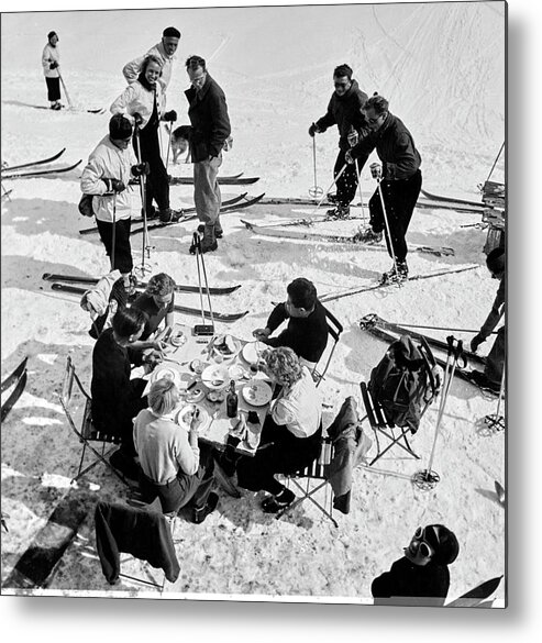 Food Metal Print featuring the photograph Group Of Skiers At Sant Moritz by Roger Schall
