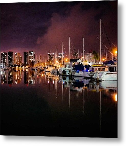 Water Metal Print featuring the photograph Ala Wei Harbor Reflection by Ryan Del Rosario