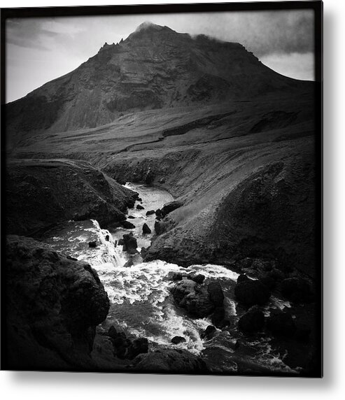 Iceland Metal Print featuring the photograph Iceland landscape with river and mountain black and white by Matthias Hauser