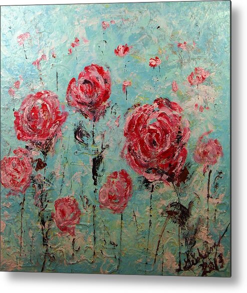 Floral; Flowers; Field; Field Of Flowers; Robins Egg Blue; Red Flowers; Red Poppies; Red Roses; Impressionism; Expressionism; Dream Of Flowers; Soft Light; Laura Grisham; Canvas; Paper; Cards; Bedroom Painting; Office Painting; Metal Print featuring the painting In My Dreams by Laura Grisham
