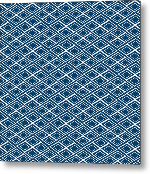 Indigo And White Metal Print featuring the painting Indigo and White Small Diamonds- Pattern by Linda Woods