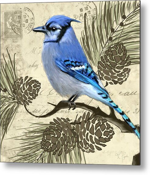 Blue Jay Bird Metal Print featuring the painting Jeweled Blue by Lourry Legarde