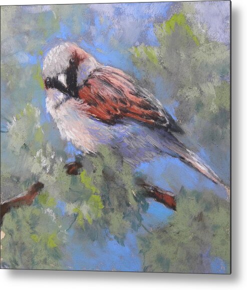 Sparrow Metal Print featuring the painting Leafy Perch by Jackie Simmonds