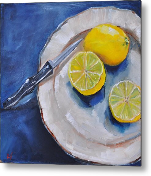 Stiil Life Metal Print featuring the painting Lemons on a Plate by Lindsay Frost