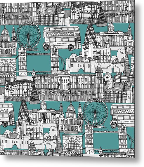 Includes The Tower Of London Metal Print featuring the drawing London toile blue by MGL Meiklejohn Graphics Licensing