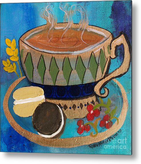 Cup Metal Print featuring the painting Macaroons and Tea by Robin Pedrero