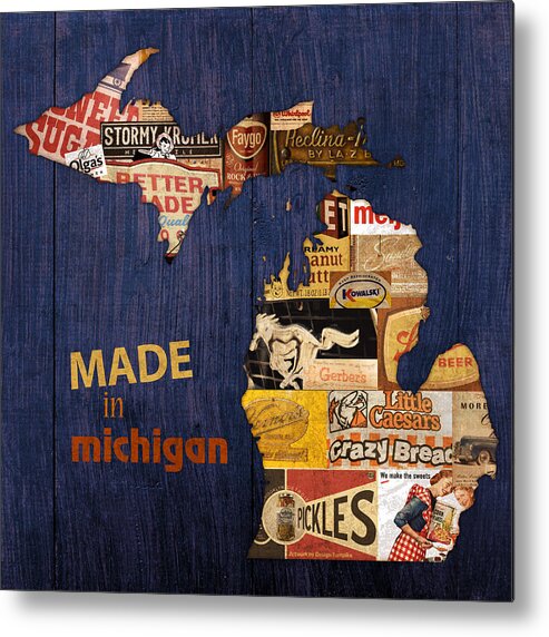 Made In Michigan Products Vintage Map On Wood Kelloggs Better Made Faygo Ford Chevy Gm Little Caesars Strohs Pioneer Sugar Lazy Boy Detroit Lansing Grand Rapids Flint Mustang Meijer Olgas Vernors Gerber Kowalski Sausage Corn Flakes Metal Print featuring the mixed media Made in Michigan Products Vintage Map on Wood by Design Turnpike