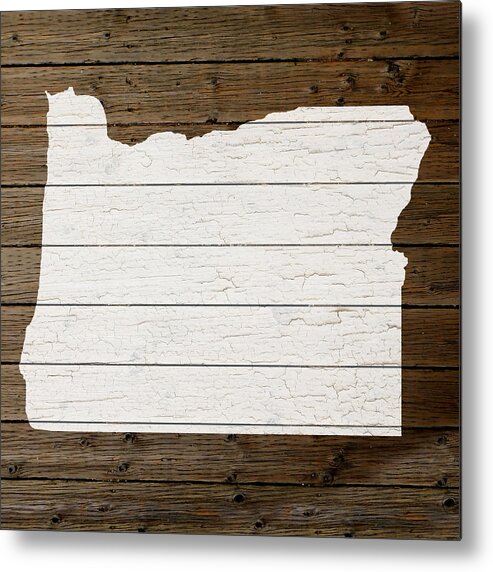 Map Of Oregon Metal Print featuring the mixed media Map Of Oregon State Outline White Distressed Paint On Reclaimed Wood Planks by Design Turnpike