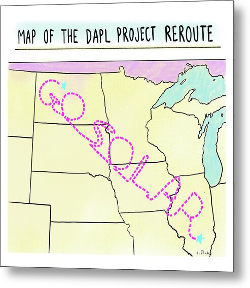 Map Of The Dapl Project Reroute Metal Print featuring the drawing Map Of The Dapl Project Reroute by Emily Flake