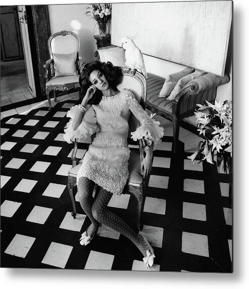 Accessories Metal Print featuring the photograph Marisa Berenson Wearing A Forneris Organza Dress by Henry Clarke