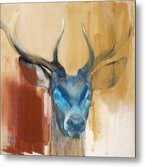 Deer; Stag; Red Deer; Animal; Animals; Mask; Antler; Antlers; Head; Blue; Abstract; Red; Yellow; Wild; Animal Head; Wildlife; Mark; Mark Adlington; Adlington; Adlington; Young Stag; Young Deer; Metal Print featuring the painting Mask by Mark Adlington