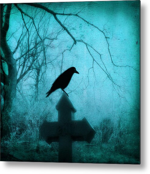 Crow On Cross Metal Print featuring the photograph Misted Blue by Gothicrow Images