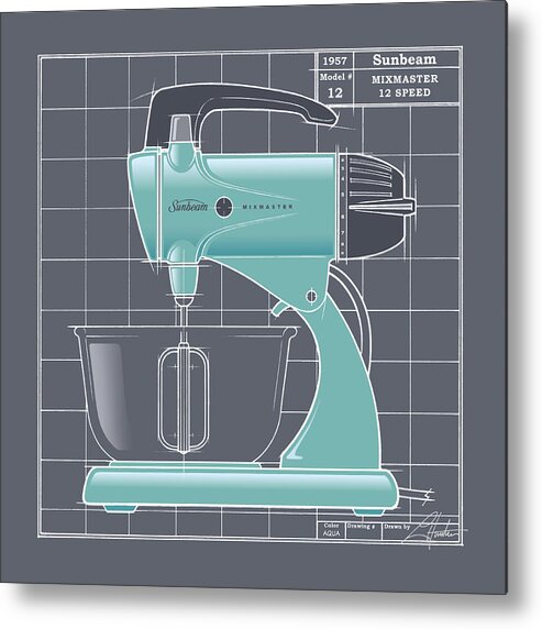 Mid Century Metal Print featuring the drawing MixMaster - aqua by Larry Hunter