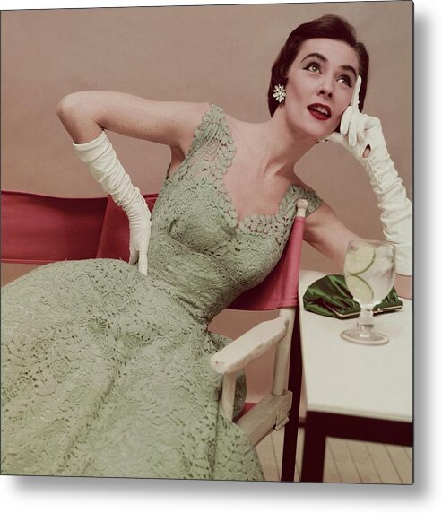 One Person Metal Print featuring the photograph Model In A Green Lace Dress by Clifford Coffin; Frances McLaughlin-Gill