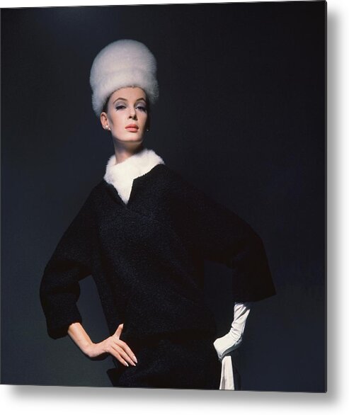 Studio Shot Metal Print featuring the photograph Model Wearing Mink Hat by Horst P. Horst