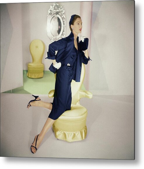 Fashion Metal Print featuring the photograph Model Wearing Navy Jacket And Dress by Horst P. Horst