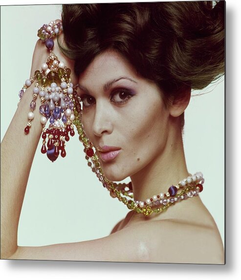 Accessories Metal Print featuring the photograph Model Wearing Necklace By Brania by Bert Stern