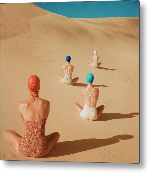Fashion Metal Print featuring the photograph Models Sitting On Sand Dunes by Clifford Coffin