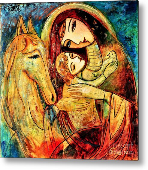Mother And Child Metal Print featuring the painting Mother with Child on horse by Shijun Munns
