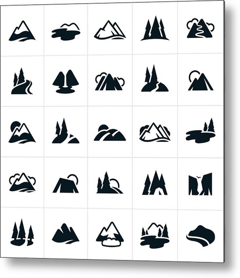 Black Color Metal Print featuring the drawing Mountain Ranges, Hills and Water Ways Icons by Appleuzr