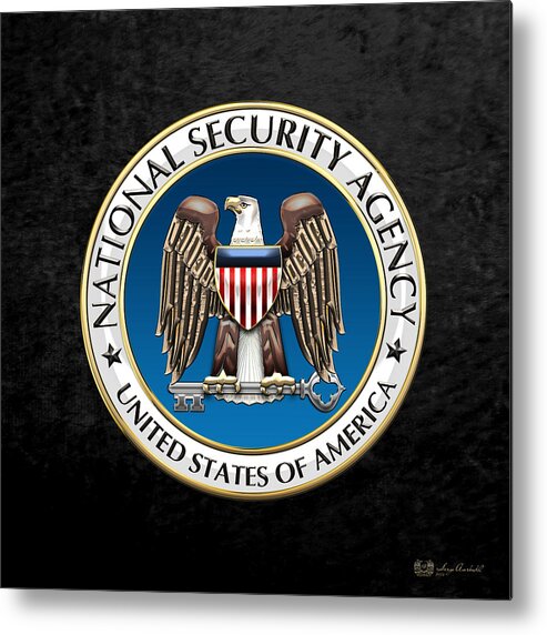 'military Insignia & Heraldry 3d' Collection By Serge Averbukh Metal Print featuring the digital art National Security Agency - N S A Emblem on Black Velvet by Serge Averbukh