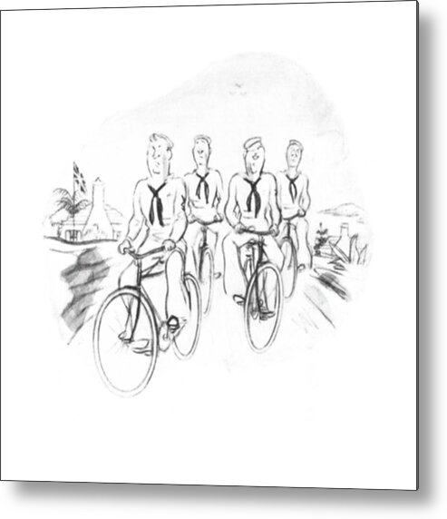 111324 Ldv Leonard Dove American Sailors In Bermuda Riding Bicycles. American Annoy Annoyed Baggy Bermuda Bicycles Bikes Careful Caught Cautious Holiday Irritate Journey Navy Pants Ride Riding Sailors Seamen Travel Trip Uniform Vacation Worried Worry Metal Print featuring the drawing New Yorker August 9th, 1941 by Leonard Dove