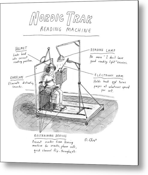 (woman On Nordic Track Reading Machine.) Fitness Metal Print featuring the drawing New Yorker December 28th, 1998 by Roz Chast