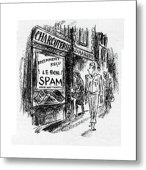 113599 Adu Alan Dunn Butcher Store In Paris Advertising  Advertising Bon Butcher Can Canned Cans Food Foods France French Liberated Liberation Meat Meats Paris Process Processed Ration Rationing Rations Shortage Spam Store Tin Tinned Tins War World Metal Print featuring the drawing New Yorker September 23rd, 1944 by Alan Dunn
