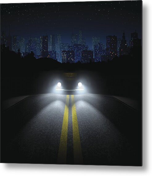 Autobahn Metal Print featuring the drawing Night Road with the Car and the City on the Horizon by Magnilion